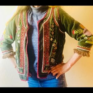 Boho RUBYVAYA beaded olive green velvet jacket.